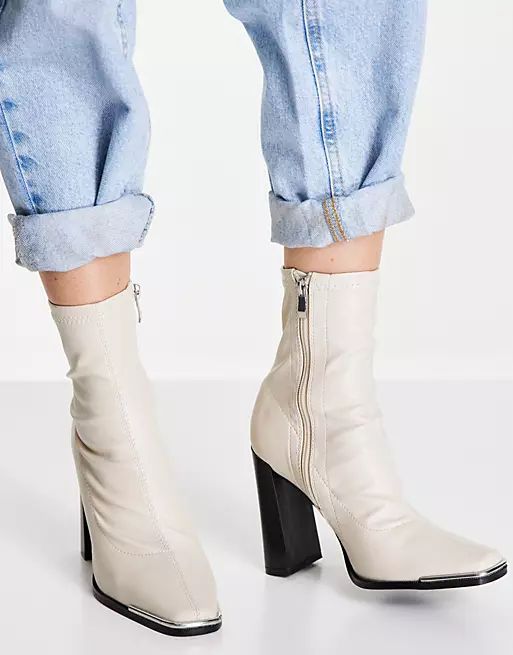 Public Desire Liberty square toe heeled boots in ecru | ASOS (Global)