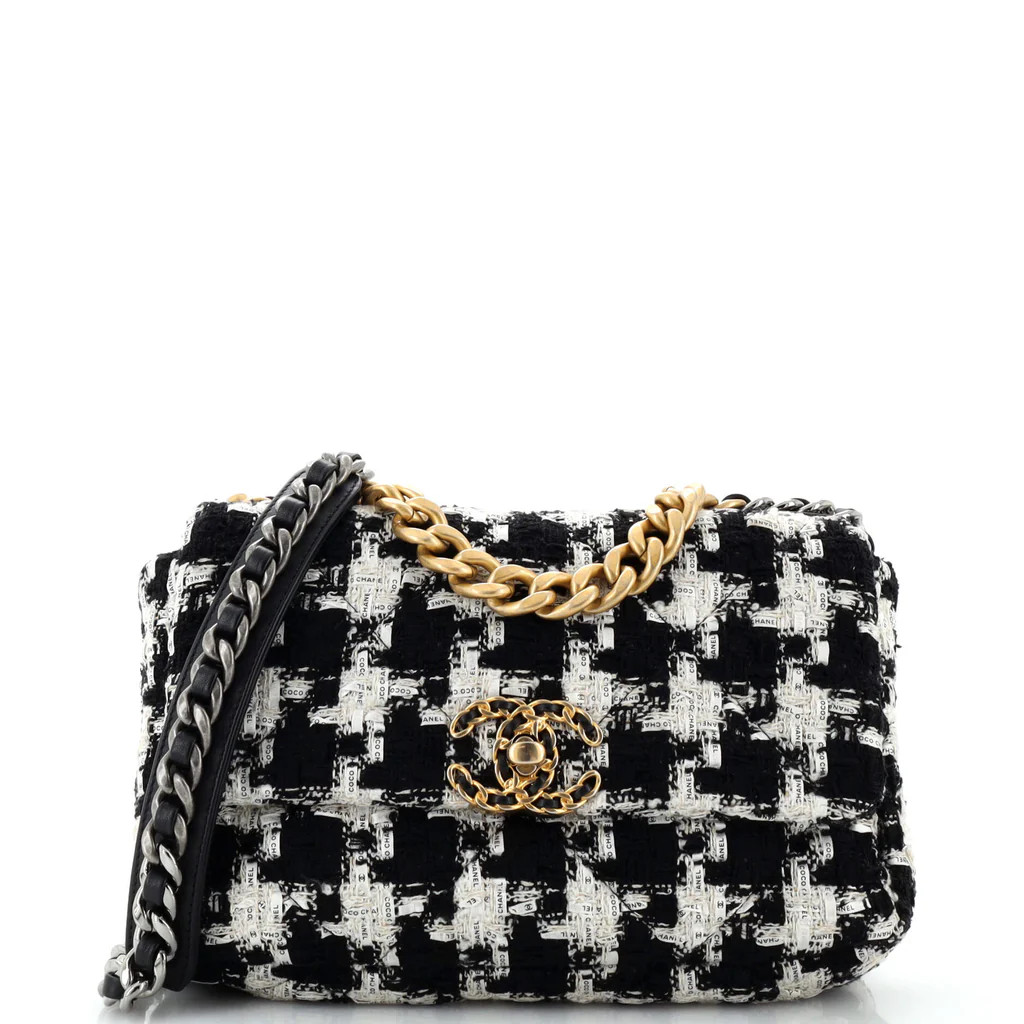 19 Flap Bag Quilted Houndstooth Tweed and Ribbon Medium | Rebag