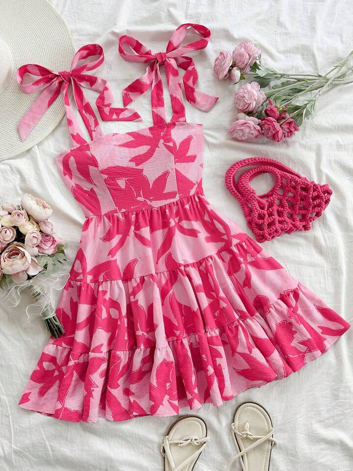 SHEIN WYWH Holiday Ladies Rose Pink Plant Print Shoulder Strap Bow Multi-Layer Cake Casual Dress ... | SHEIN