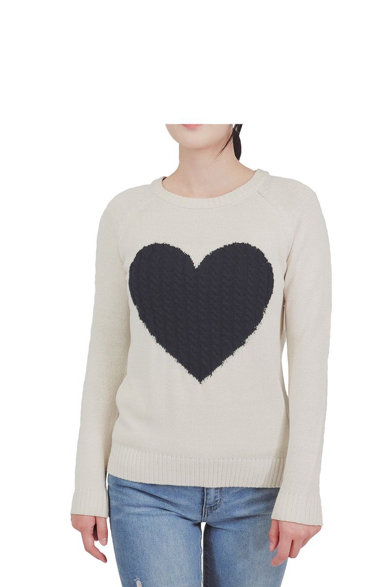 YEMAK Women's Pullover Sweater Long Sleeve Crewneck Cute Heart Cable Knit MK3506 (S-L)-OAT/BLK-S | Walmart (US)