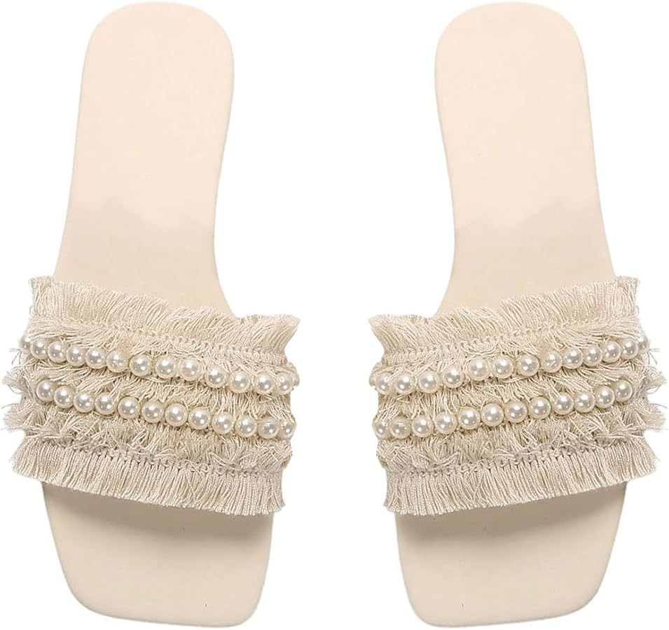 OYOANGLE Women's Fringe Trim Pearl Flat Sandals Square Open Toe Slip On Elegant Sandals | Amazon (US)