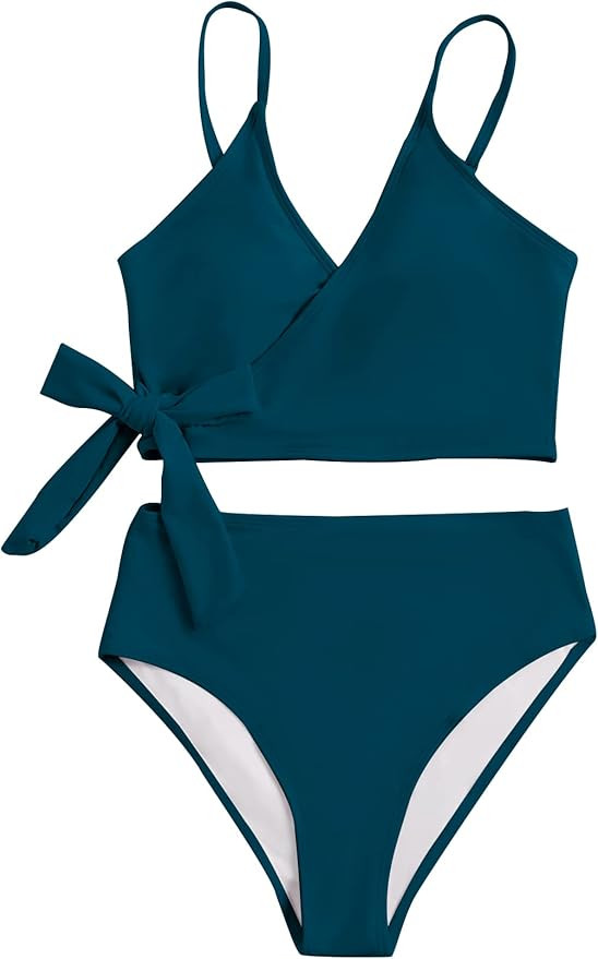 SweatyRocks Women's Two Pieces Swimsuit Solid Color Tie Side Top High Waisted Bikini Set | Amazon (US)