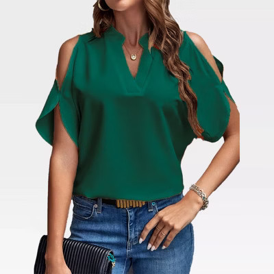 Womens Short Sleeve Blouse V Neck Clod Shoudler Tops Summer Casual Tops,Dark Green - S | Target