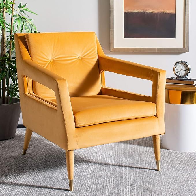 Safavieh Home Mara Retro Glam Marigold Velvet and Gold Tufted Accent Chair | Amazon (US)