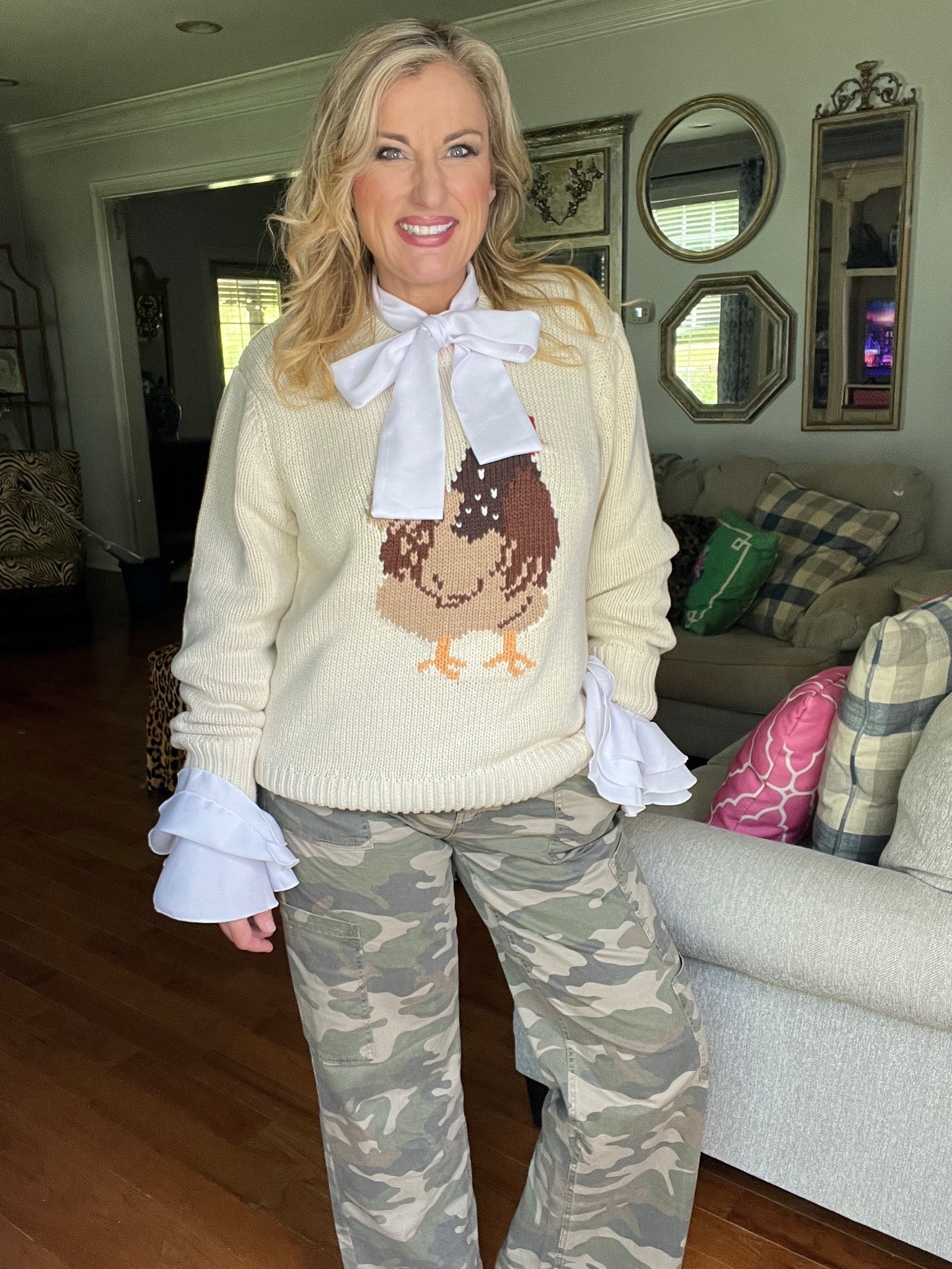 Wearing a medium in sweater and medium in pants.

Farm animal sweater comes in several different animal options.

Camp pants are cargo style and have elastic in back of waist. 

How to style camo
Fall outfit ideas for over 50
Sweater weather

#LTKootd #LTKOver40 #LTKMidsize
