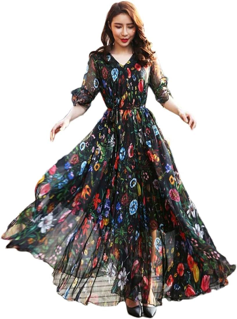 Ladies Chiffon V-Neck Floral Print Casual Daily Dress | Amazon (US)