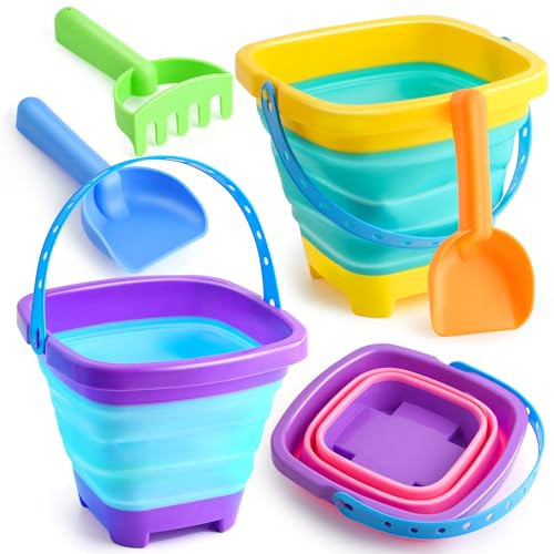 Beach Toys Collapsible Sand Toys 6 PCS Sand Buckets Set for Beach, Pool | Amazon (US)