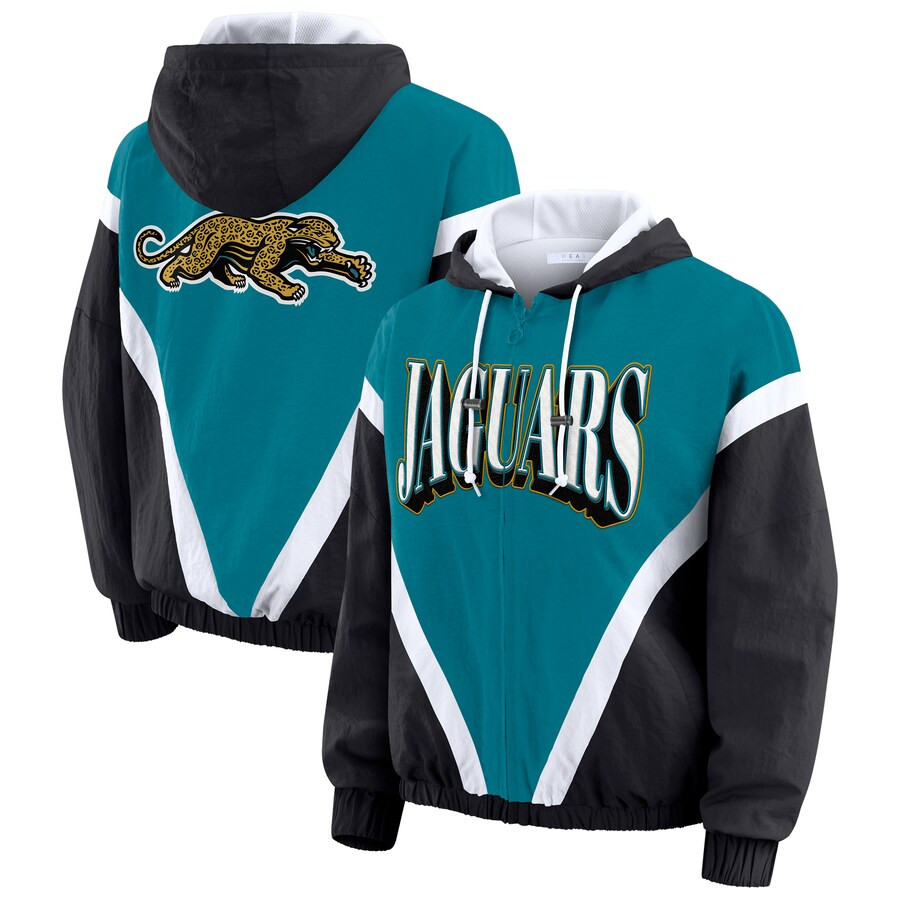 Jacksonville Jaguars WEAR by Erin Andrews Women's Retro Crinkle Full-Zip Hoodie Windbreaker - Tea... | Fanatics