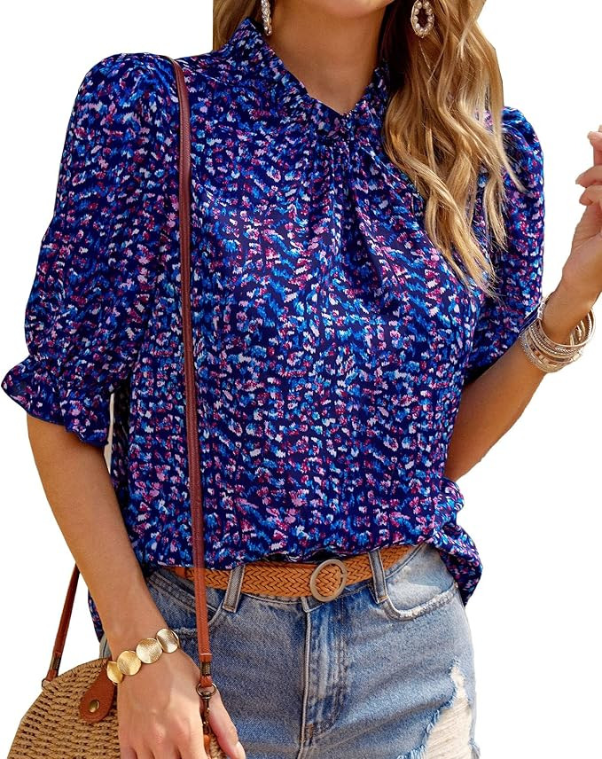 BTFBM Women's Summer Boho Shirt Top Ruffle Short Sleeve Frill Trim Mock Neck Floral Solid 2025 Ca... | Amazon (US)