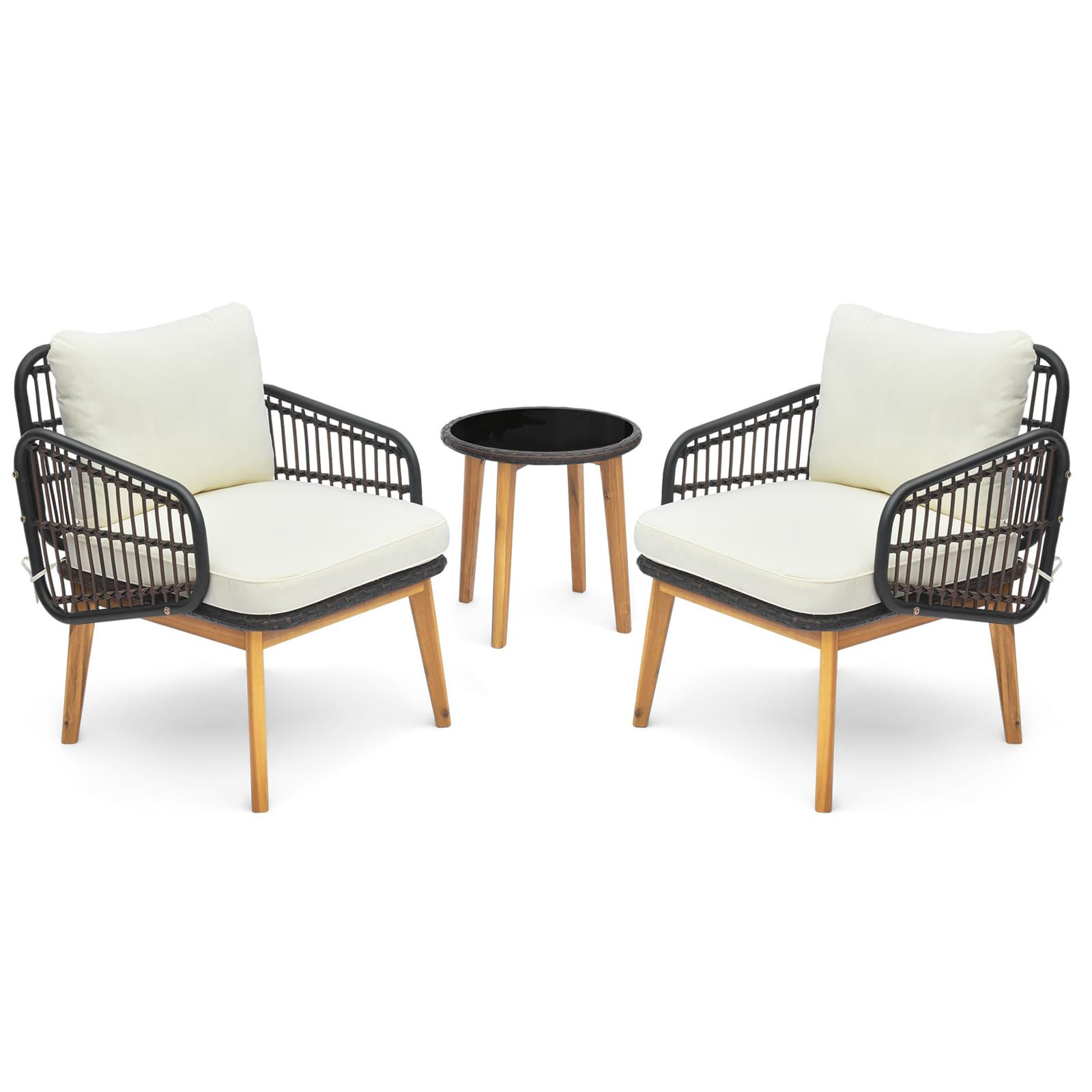 DORTALA 3 Piece Wicker Patio Furniture Set, Wood & Rattan Chairs and Table Sets with Cushions, Ou... | Amazon (US)