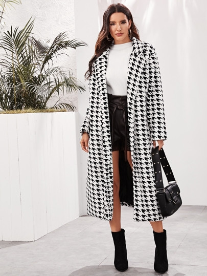 Houndstooth Lapel Longline Coat | SHEIN