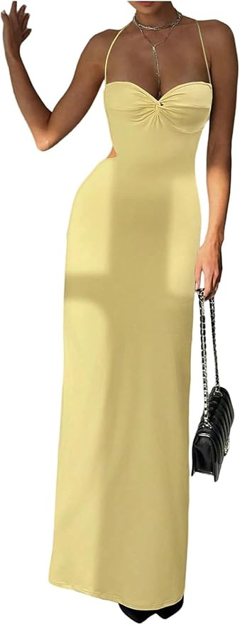 OYOANGLE Women's Criss Cross Backless Bodycon Cami Maxi Dress Spaghetti Strap High Slit Wedding G... | Amazon (US)