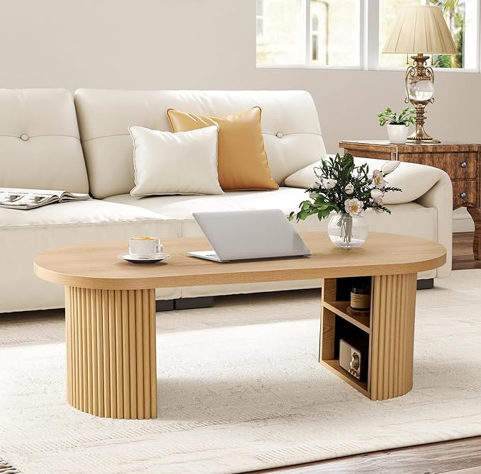 Oval Fluted Coffee Table, 47" Farmhouse Wood Coffee Table Mid Century Modern Center Table Boho Li... | Amazon (US)