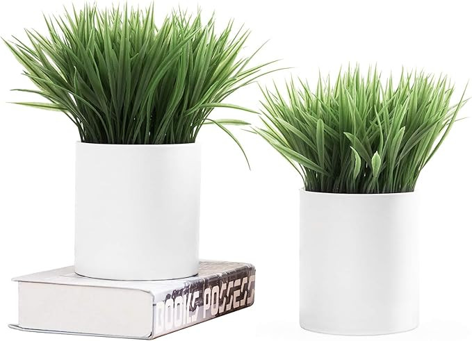 MyGift 6.5 Inch Artificial Grass in White Ceramic Planters, Set of 2 | Amazon (US)