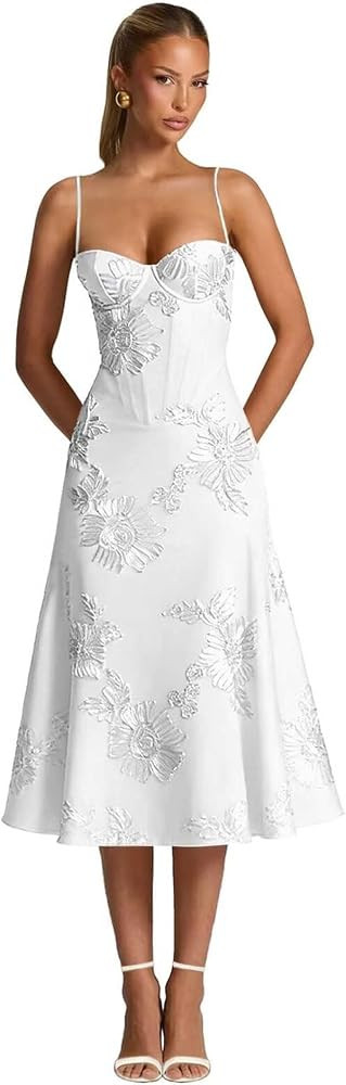 Spaghetti Straps Bridesmaid Dresses for Women A Line Tulle Floral Corset Prom Dress | Amazon (US)