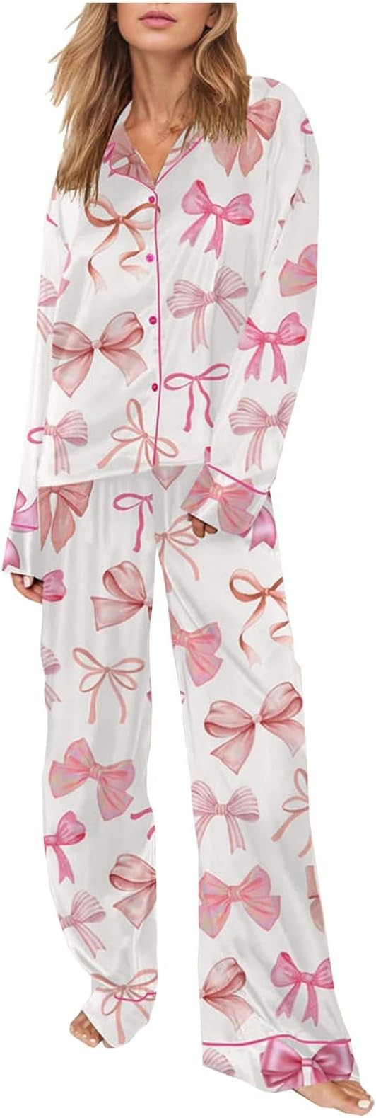 Valentine'S Day Long Sleeve Buttoned Lapel Womens Pajama Sets,Womens Pajama Set,Bow Print Pajamas... | Amazon (US)