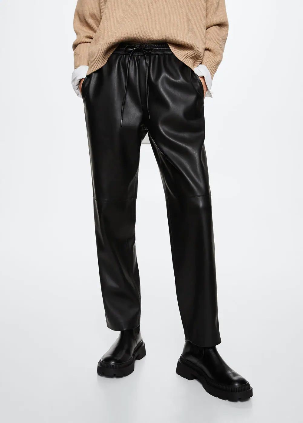 Leather-effect elastic waist trousers | MANGO (US)