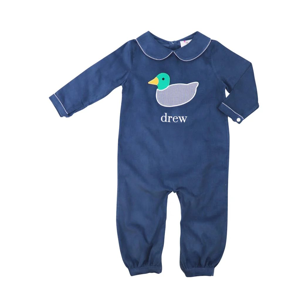 Navy Corduroy Mallard Long Romper | Eliza James Kids