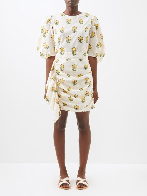 Rhode - Pia Marigold-print Puff-sleeve Cotton Mini Dress - Womens - Ivory Multi | Matches (US)
