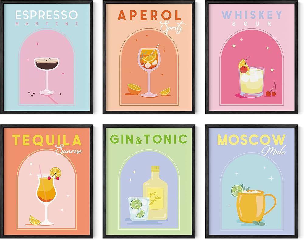 HAUS AND HUES Alcohol Framed Wall Art - Set of 6 Preppy Wall Decor, Framed Posters For Room Aesth... | Amazon (US)
