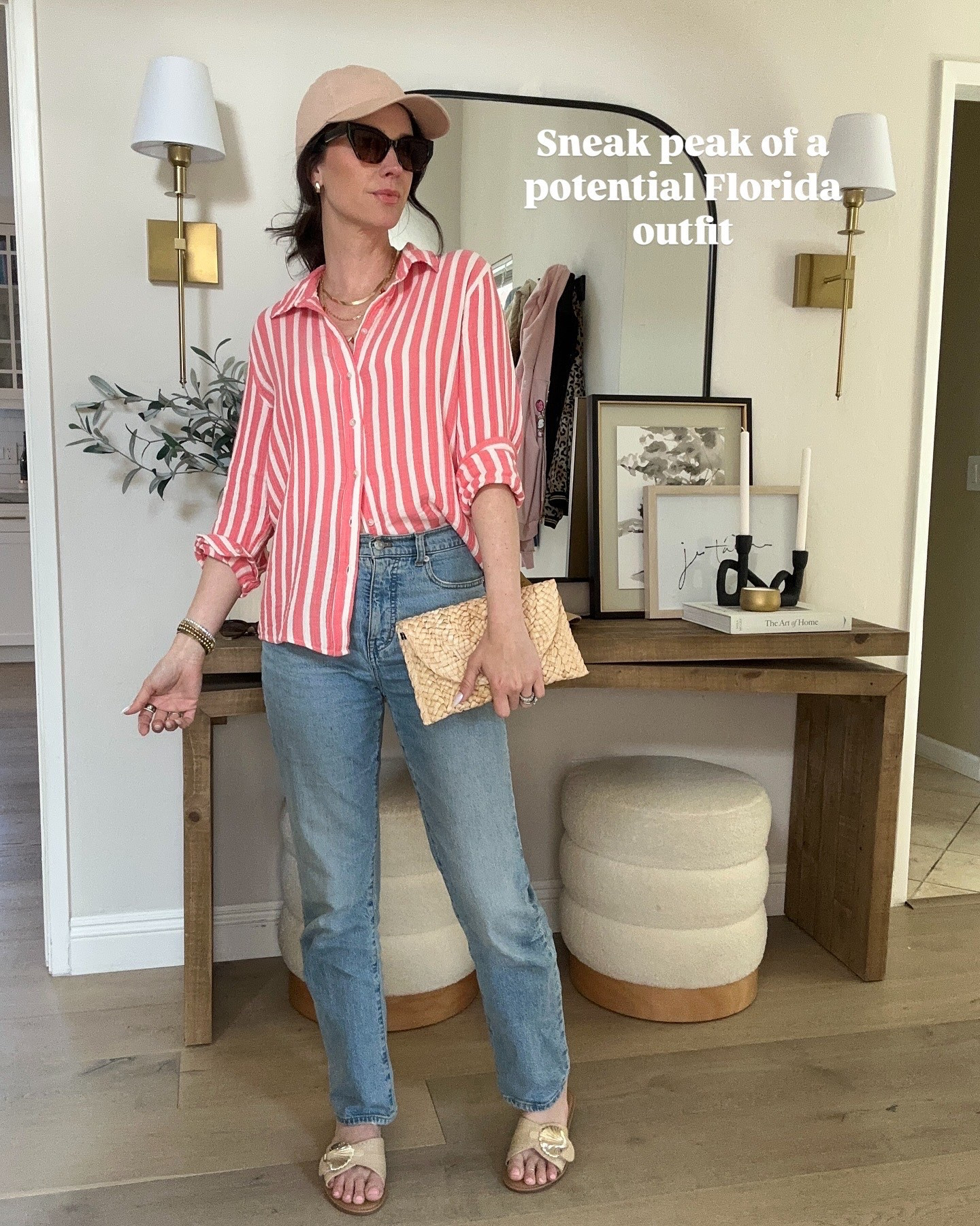 A wonderful beach outfit paired with shorts. This gauze cotton shirt is perfection. I’m in a small. These jeans can run a tag big so you can size down if between  