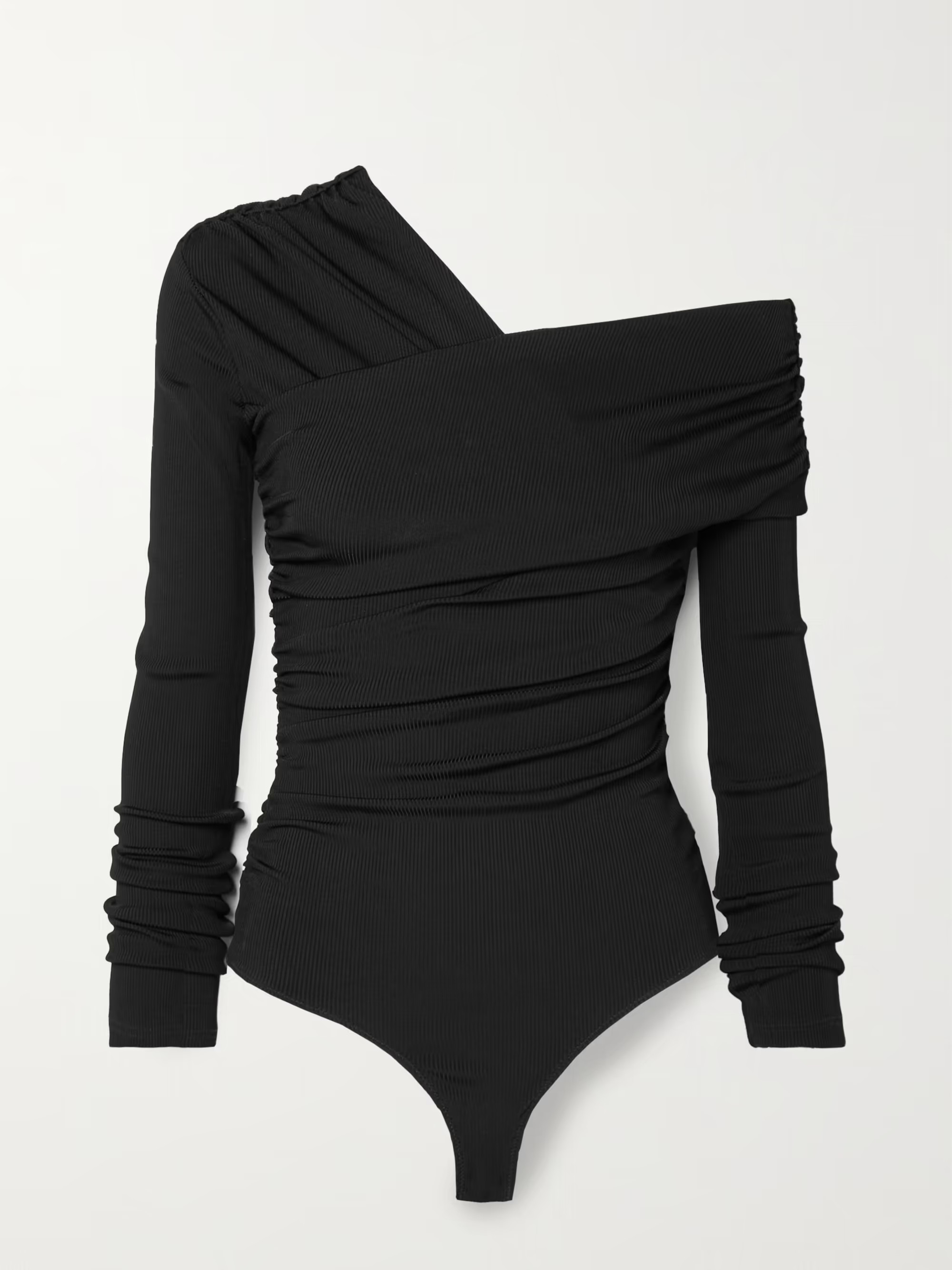 The Fonteyn off-the-shoulder ruched ribbed stretch-jersey thong bodysuit | NET-A-PORTER (US)
