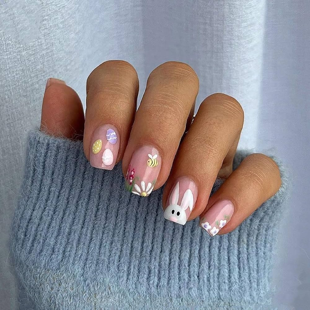 Easter Press On Nails Square Short Fake Nails Cute Bunny False Nails With Egg Flowers Designs Nud... | Amazon (US)