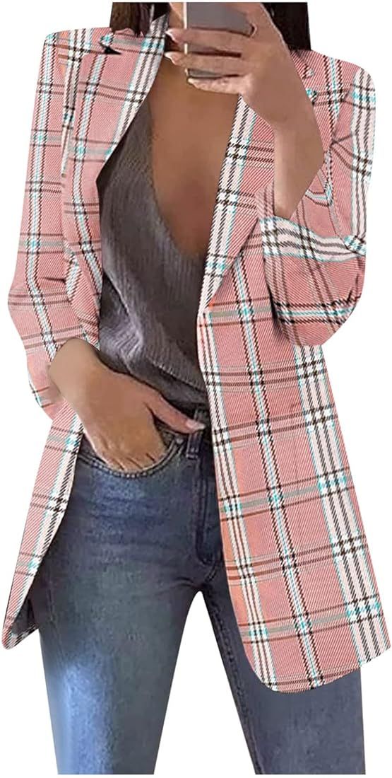Women's Oversized Blazer Front Pockets Cardigan Formal Suit Long Sleeve Blouse Coat Plaid Blazer ... | Amazon (US)