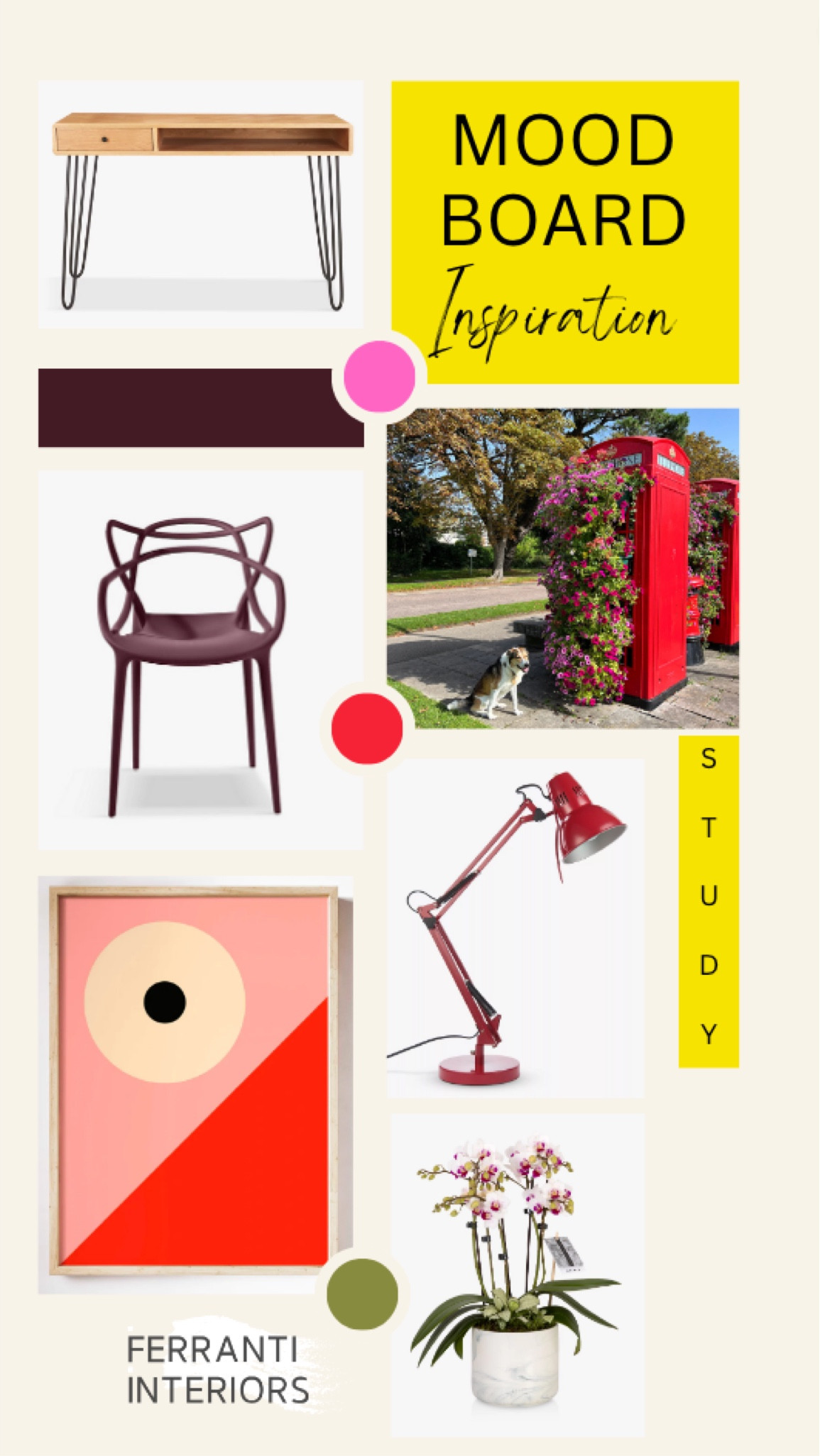 Fun mood board from a dog walk trip to the park - inspired by a British post box! The office!
Eye print 

#Burntpeach.design
https://burntpeach.co.uk?ref=ferranti_interiors_

#LTKSale #LTKGiftGuide #LTKSeasonal