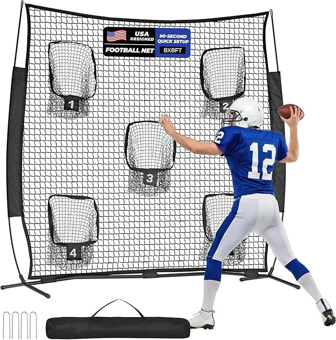 7x7ft/8x8ft Football Throwing Net, Quarterback Training Equipment with 5 Target Pockets, Includes... | Amazon (US)