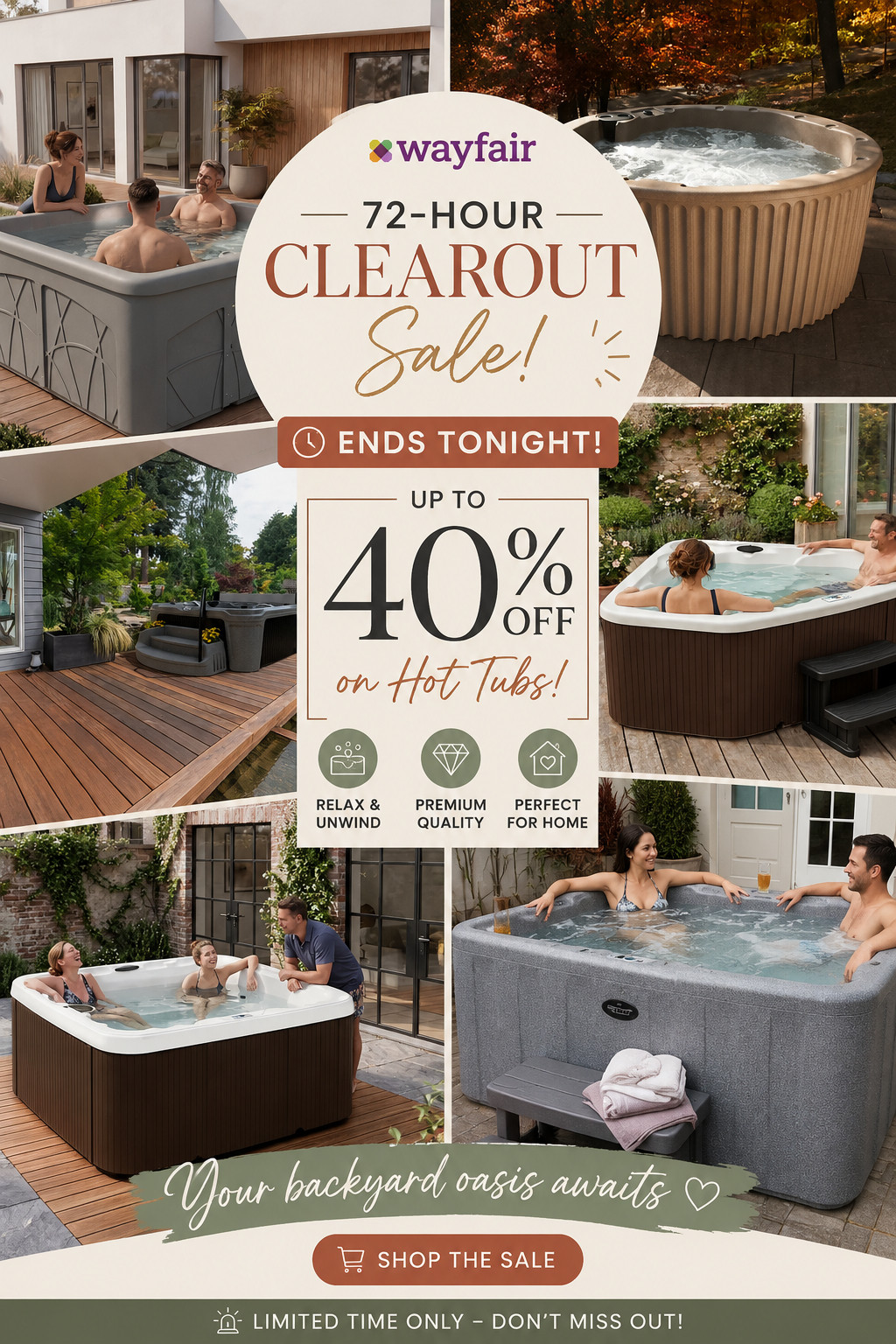 I’m telling you right now don’t sleep on this Wayfair 72-hour clearout because it ends tonight and the hot tubs are up to 40% off 😭🔥 this is literally the ultimate home upgrade. I’m obsessed with the idea of turning your backyard into a luxury chill space without spending full price. These are the deals that sell out fast and then never come back the same way. If you want it, get it now babe 💅✨
#WayfairSale #HotTubDeals #BackyardInspo #OutdoorGoals #HomeUpgrade #LuxuryLiving #LTKHome #LTKDeals #SaleAlert #DealEnding #OutdoorDecor #SpaVibes #RelaxMode #CozyHome #SummerReady #HomeFinds #ViralDeals #ShopNow 

 #LTKSeasonal #LTKHome #LTKSaleAlert