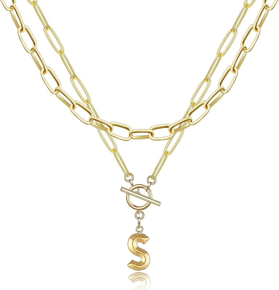 18K Gold Layered Initial Letter Necklaces for Women Trendy-Camiraft Punk Plated Paperclip Chain Neck | Amazon (US)