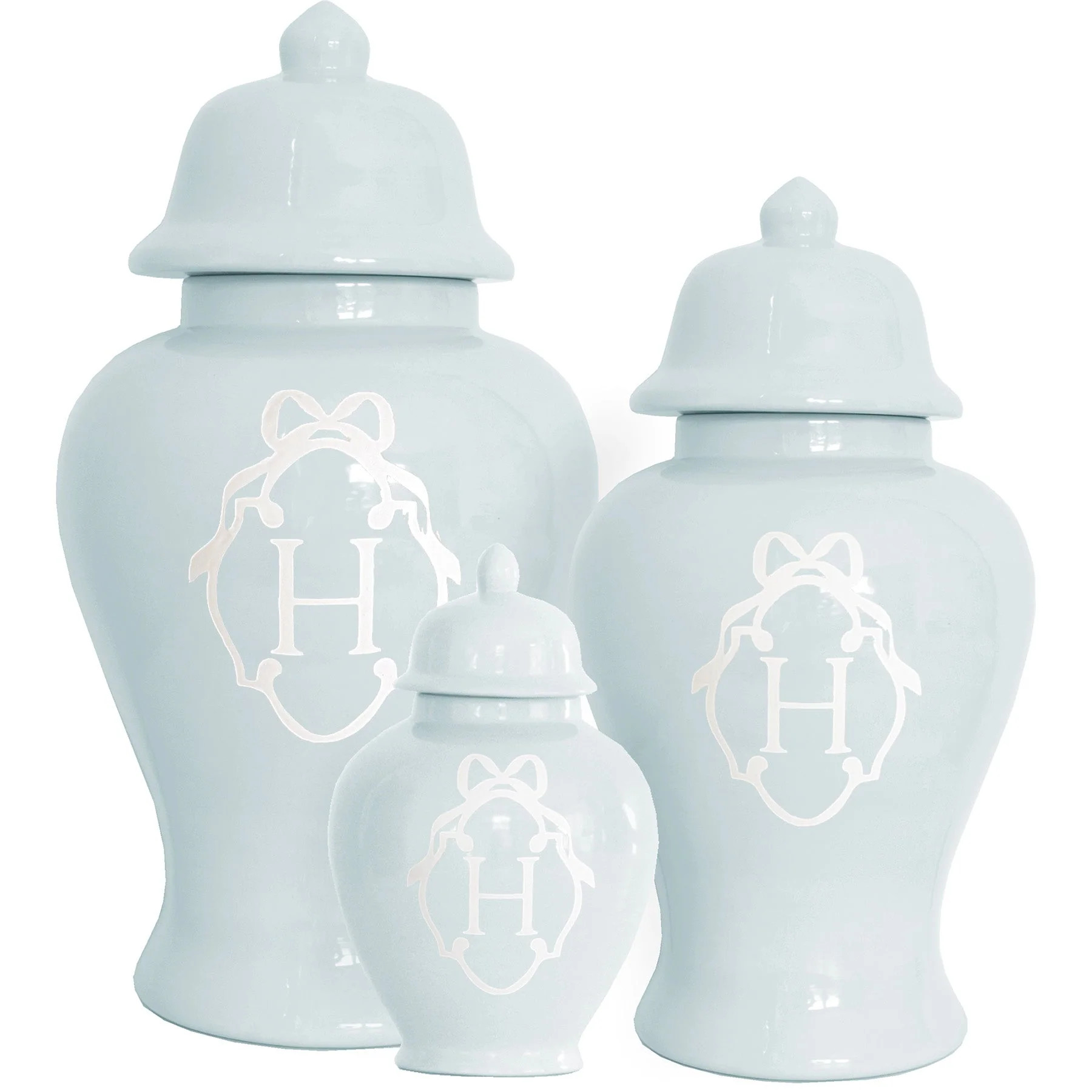 Bow Monogram Ginger Jars in Hydrangea Light Blue | Ruby Clay Company