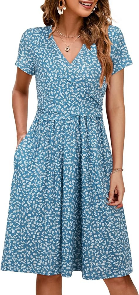 OUGES Women's 2024 Fashion V Neck Midi Dress with Pockets Maternity Clothes Nursing Dresses | Amazon (US)