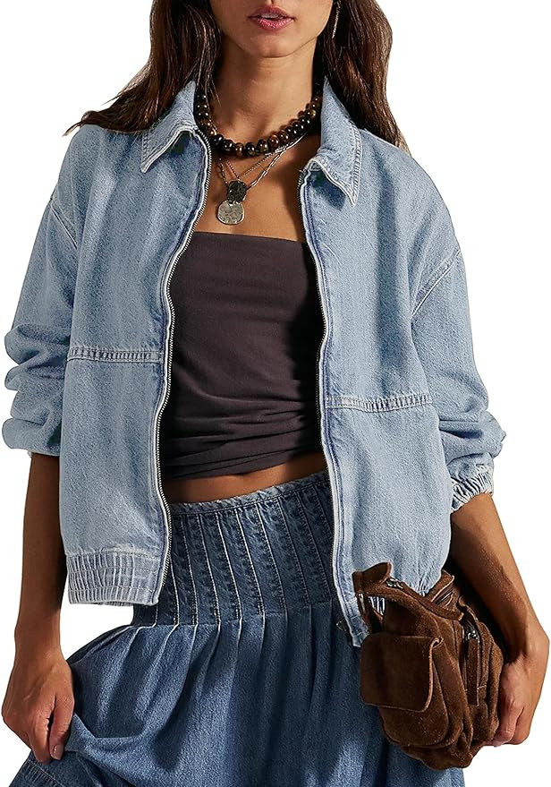 Womens Denim Jackets Long Sleeve Zip Up Elastic Hem Classic Loose Jean Bomber Jacket Outfit | Amazon (US)