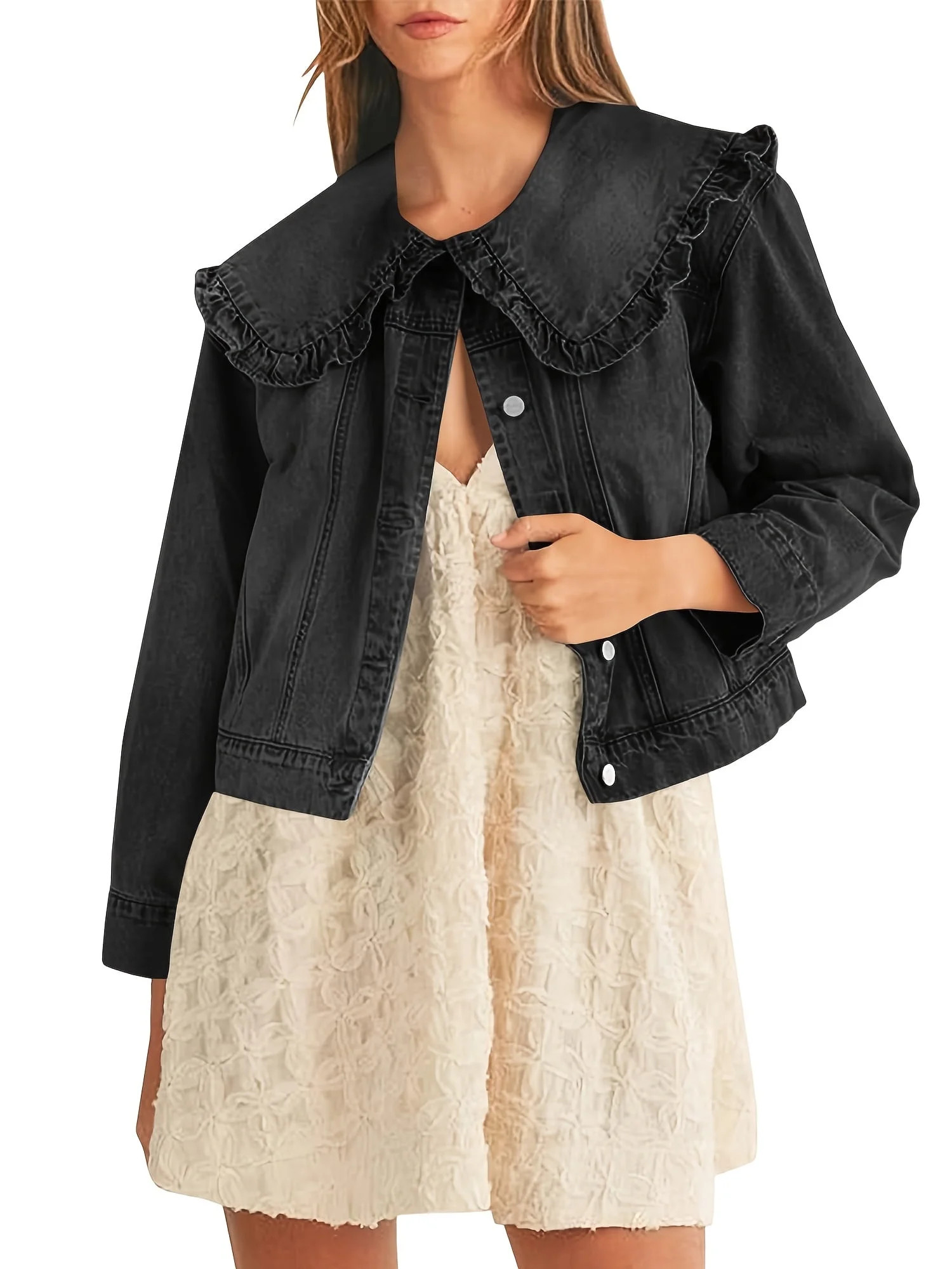 Women's Casual Denim Jacket - Long Sleeve, Collared Shirt Coat with Pockets, Machine Washable | Walmart (US)