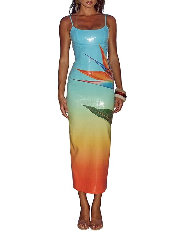 Owl's-Yard Women Sexy Maxi Dress Y2K Spaghetti Strap Floral Print Low Cut Backless Slim Fit Sequi... | Amazon (US)