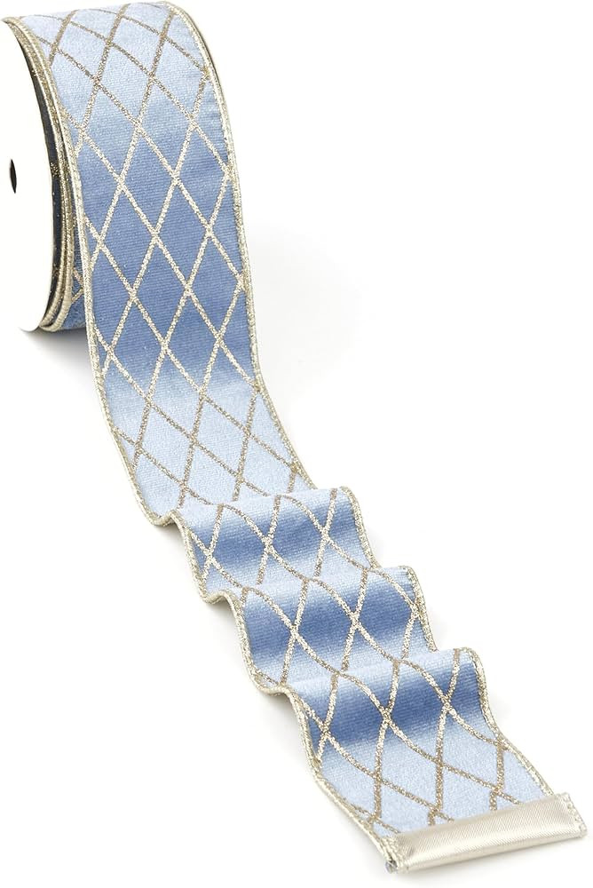Mayreel Dusty Blue and Gold Christmas Tree Ribbon 2.5 Inch, Metallic Diamond Glitter Velvet Wired... | Amazon (US)