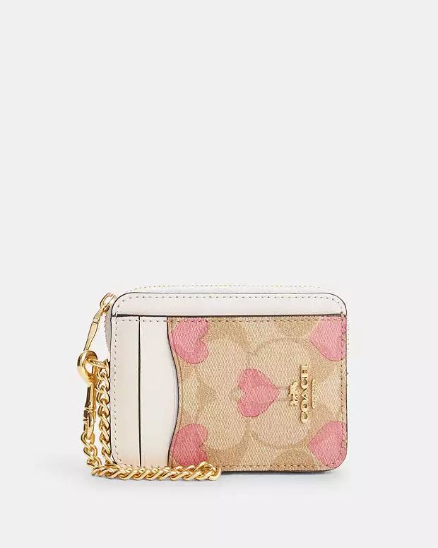 Zip Card Case In Signature Canvas With Heart Print | Coach Outlet