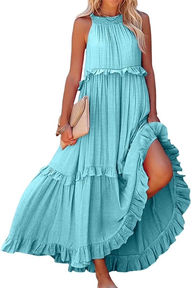 Long Summer Dresses for Women 2024 Sleeveless Halter Maxi Dress Casual Flowy Ruffle Sundress Eleg... | Amazon (US)
