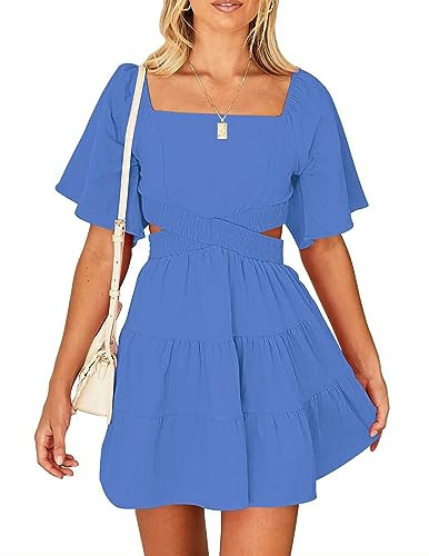 Wimsihal Women's Summer Dresses Square Neck Casual Short Sleeves Elastic Waist Party Mini Dress Dark Blue L | Amazon (US)