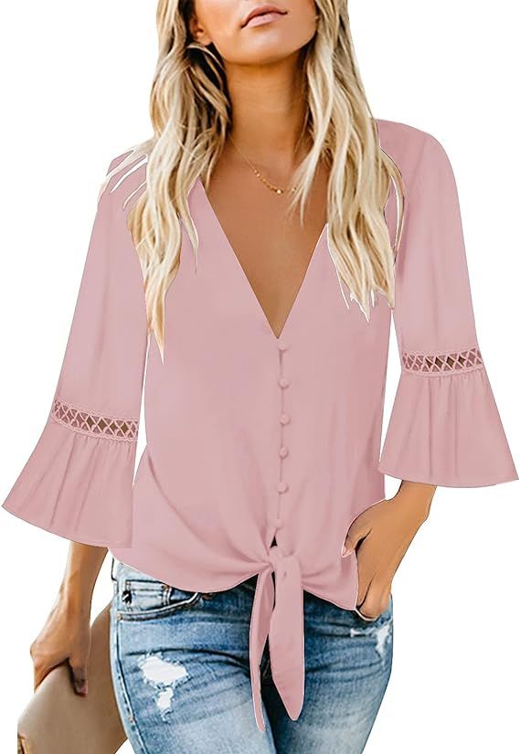 luvamia Women's V Neck Button Down Shirt Casual 3/4 Sleeve Tie Knot Tops Blouses | Amazon (US)