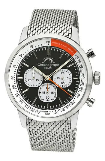 PORSAMO BLEU Simon Mesh Strap Chronograph Watch, 44mm in Silver And Black at Nordstrom Rack | Nordstrom Rack
