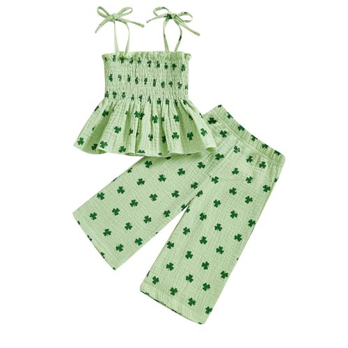 VISGOGO St Patrick's Day Baby Girl Outfit Sharmrock Sleeveless Smocked Strap Camisole Pants 2-Pieces Spring Clothes (Green, 4-5T) | Amazon (US)