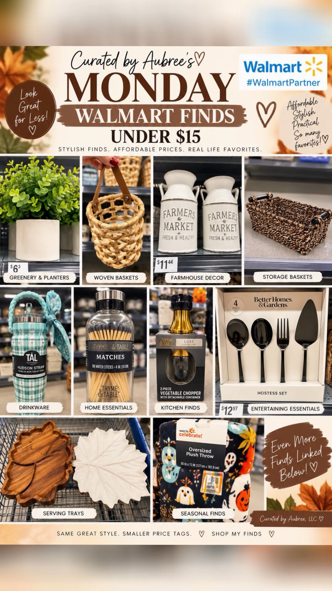 🛒✨ MONDAY’S WALMART FINDS UNDER $15! ✨

Who says you have to spend a lot to find great pieces? This week I found so many affordable gems at Walmart—from faux greenery and woven baskets to kitchen essentials, serving pieces, drinkware, seasonal finds & more! 🤎

These are the kind of finds that give you style and function without the designer price tag. 🙌🏽

👇🏽 Shop my Monday finds linked below!
Prices and availability may vary by store.

#WalmartPartner #WalmartFinds #WalmartHome #AffordableHomeDecor #CuratedByAubree