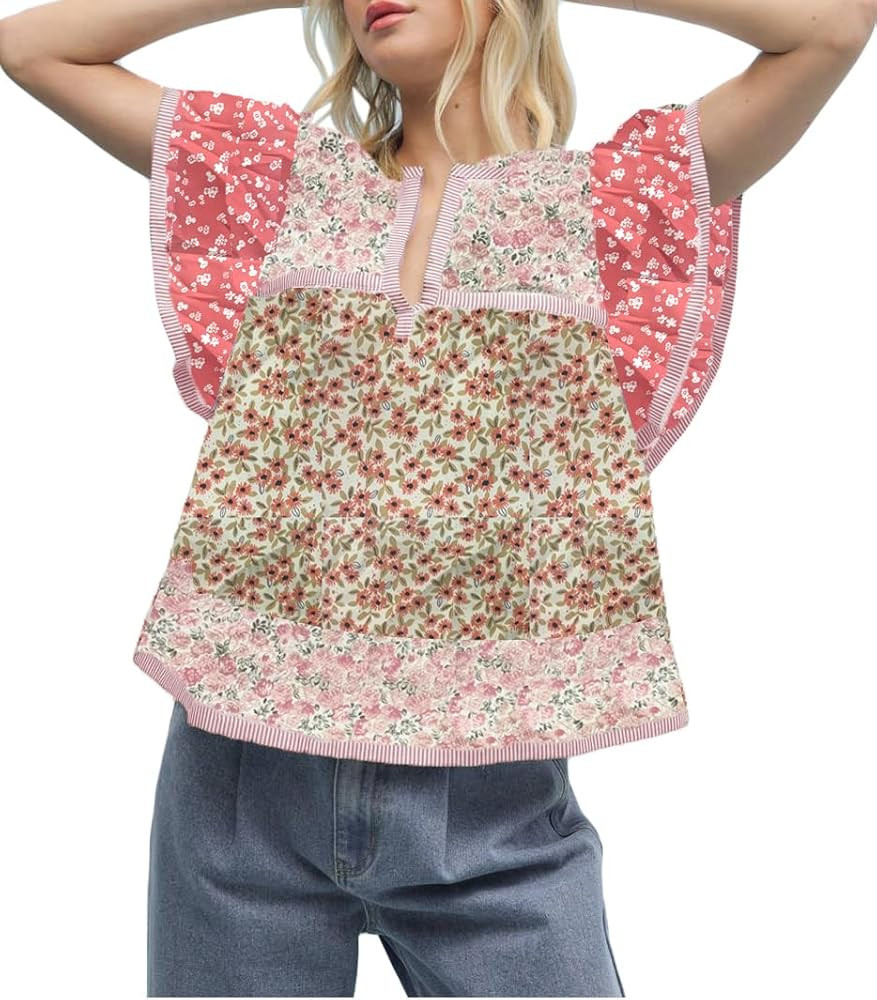 Flowy Peplum Floral Tops for Women Ruffle Sleeve Babydoll Bohemian Shirt Patchwork Blouse Y2k Flu... | Amazon (US)