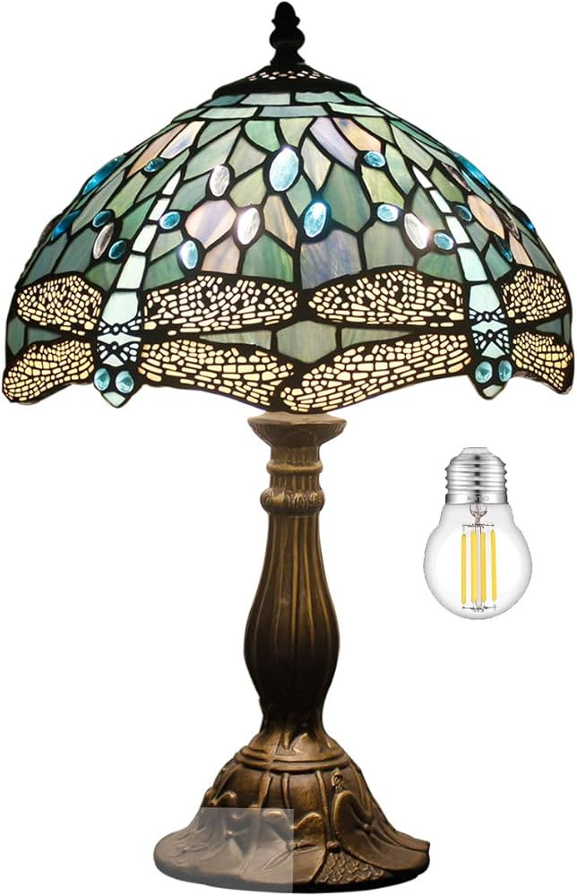 WERFACTORY Tiffany Lamp Sea Blue Stained Glass Table Lamp 12X12X18 Inches Dragonfly Style Desk Re... | Amazon (US)