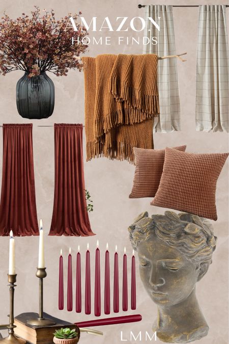 Fav Amazon home items for cozy fall decor, velvet curtains, velvet pillows, brass candles, faux leaves, #primedaydeals

#LTKsalealert #LTKSeasonal #LTKhome