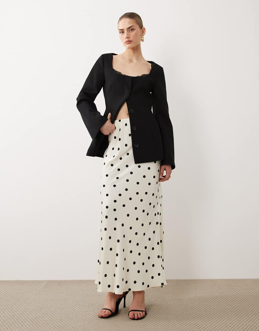 Vila satin maxi skirt in cream and black polka dot-White | ASOS (Global)