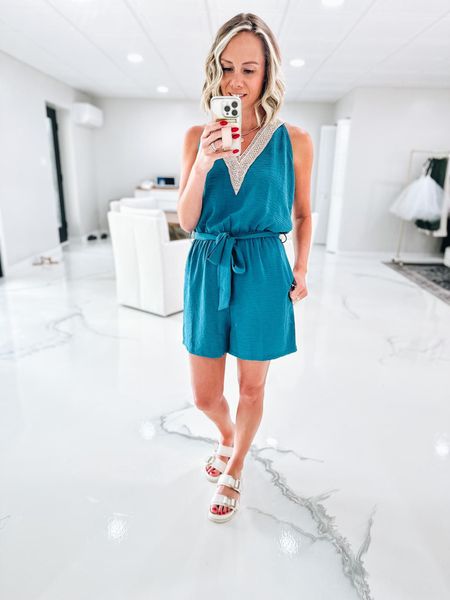 Loving this romper for a resort! 
Fashionablylatemom 
PRETTYGARDEN Women's Summer Sexy V Neck Romper 2024 Fashion Sleeveless Casual Waist Tie Short Jumpsuit With Pocket
Warm Tips: Shorts Romper For Women S-2XL Are Available. S=US 4-6，M=US 8-10，L=US 12-14，XL=US 16-18，XXL=US 20. The Fabric Is Not Elastic. Please Pay Attention To The Sizing Guide, Refer To The Table Before Ordering.
Material: Women Short Rompers Made Of Polyester And Elastane, Breathable Fabric Is No Stretch, Ventilation Perspiration and Comfy, Which Is Perfect For Summer. The Fabric Will Be A Little Thin, It Is Recommended To Match With Light Color Inner.

#LTKstyletip #LTKshoecrush